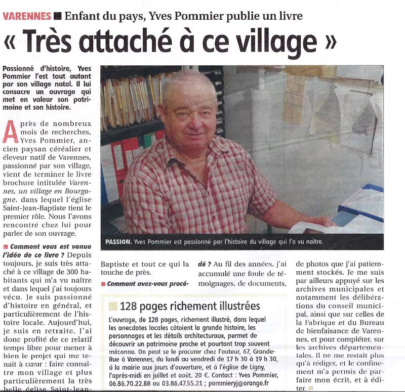 Enfant du pays, Yves Pommier publie un livre. Yonne Républicaine du 30/06/2020
