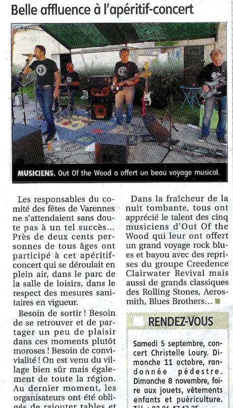 Apéro concert, avec le groupe Out off the Wood. Yonne Républicaine du 02/09/2020
