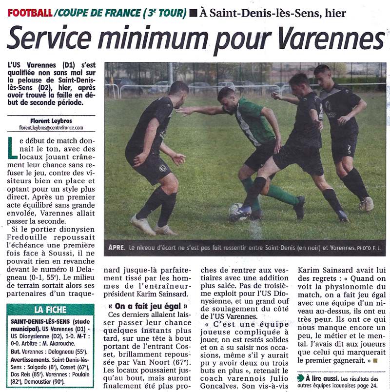 Coupe de France 3ème tour. Yonne Républicaine du 21/09/2020