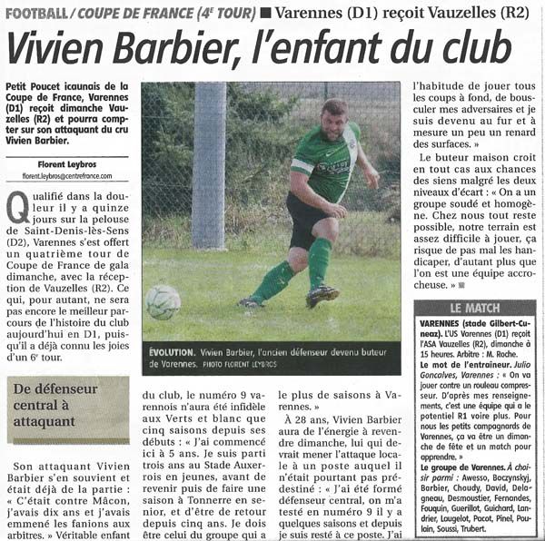 Vivien Barbier, l'enfant du club. Yonne Républicaine du 03/10/2020