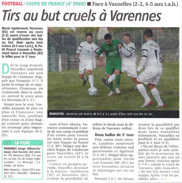 Tirs au but cruels à Varennes. Yonne Républicaine du 04/10/2020