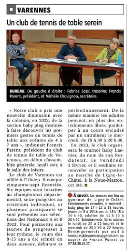 Un club de tennis de table serein. Yonne Républicaine du 25/01/2023