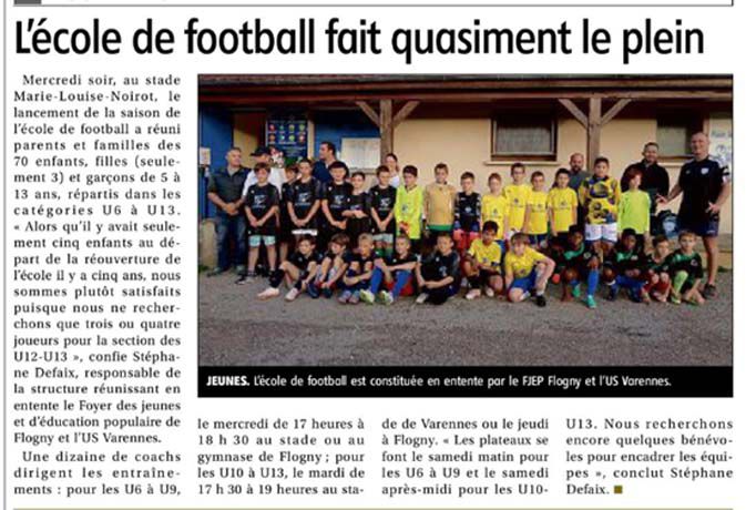 Ecole de football de Varennes. Yonne Républicaine du 11/10/2023